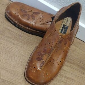 Josef Seibel Tan Leather Loafers with Floral Design